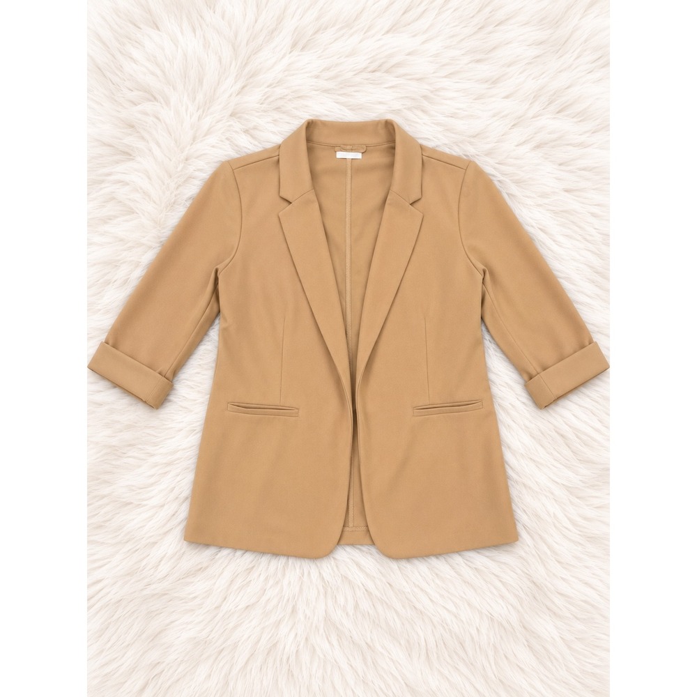 Maurices Womens Camel Tan Open Front Blazer 3/4 Rolled Sleeve Size Large